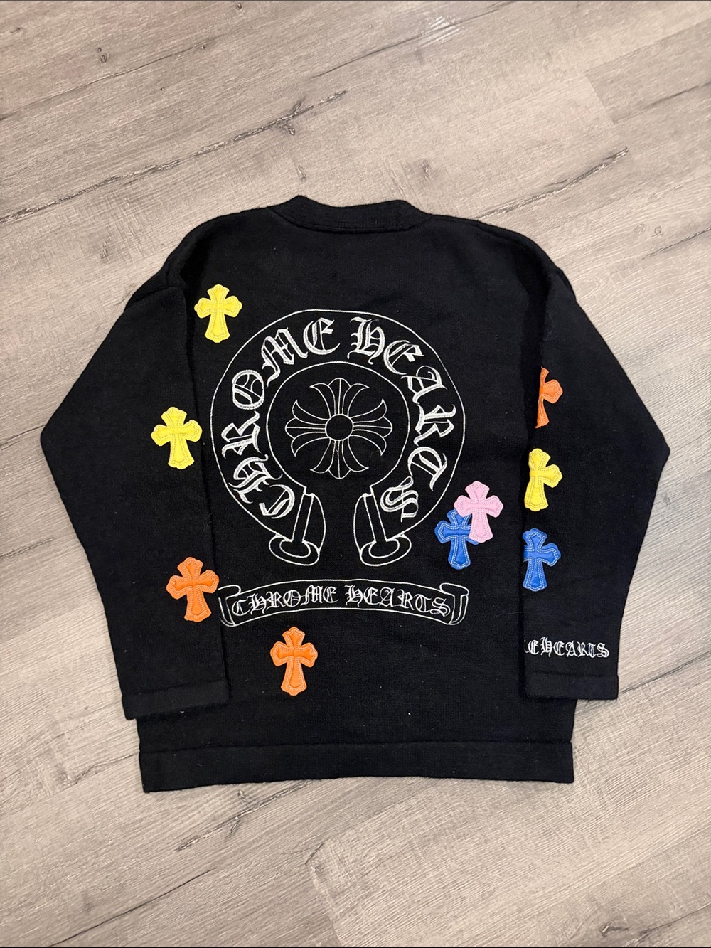 Chrome Hearts Black Crewneck Sweater with Multicolor Cross Appliqués